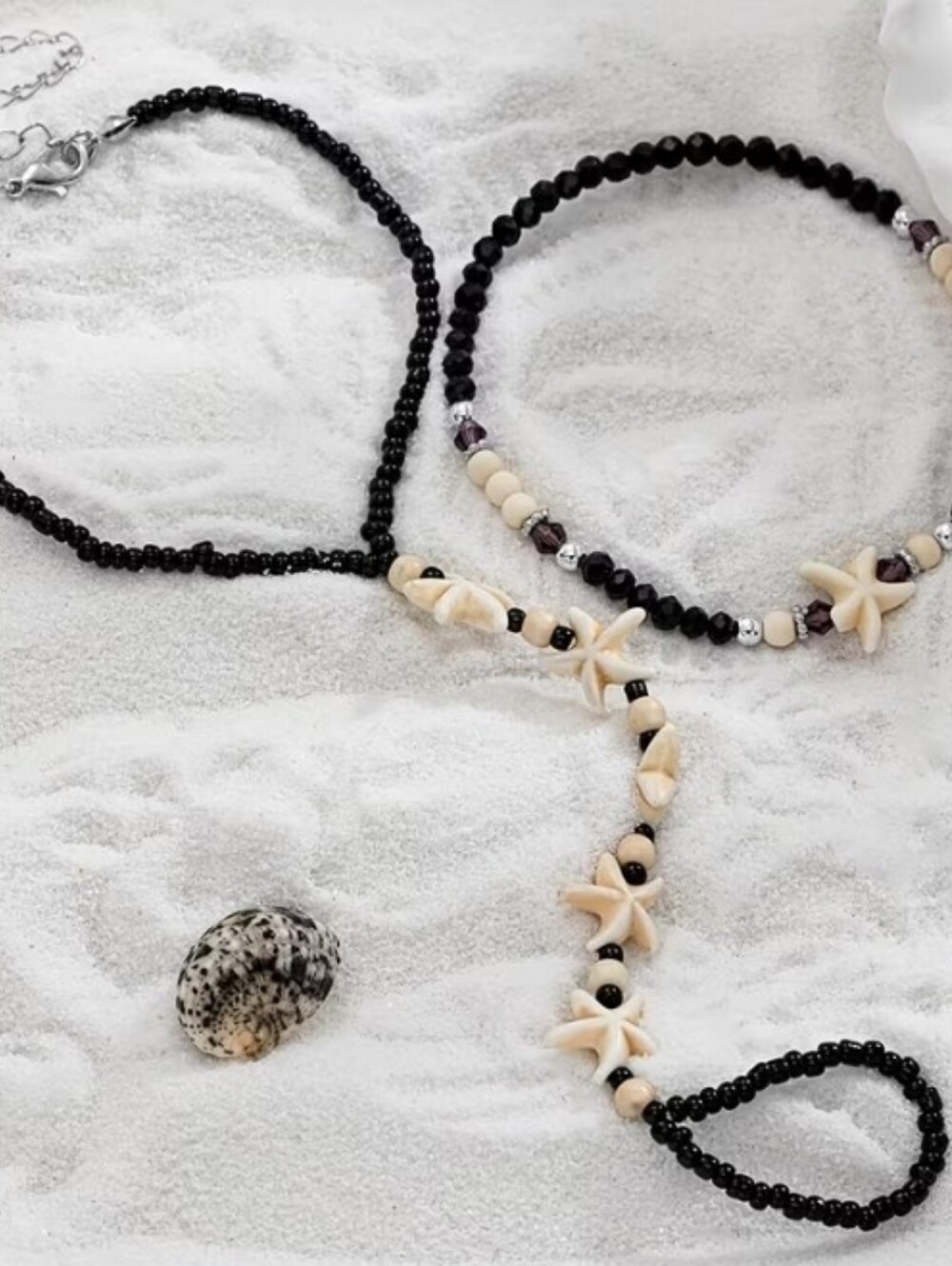 B2G1F Black and Cream Starfish Bead Anklet set Barefoot Sandal, Foot Jewelry NEW